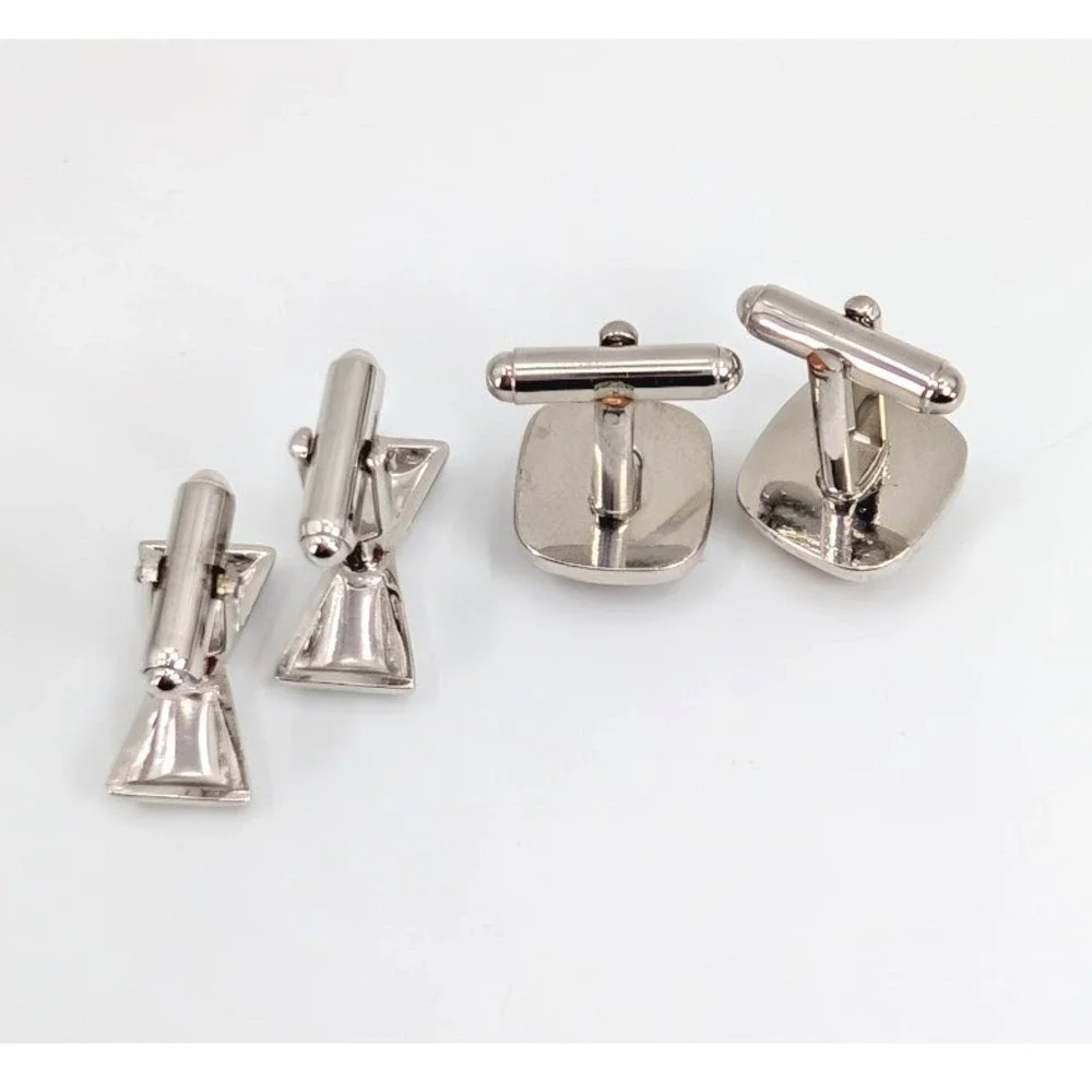 VTG Cufflink Lot Silver Tone Bow Tie and Amber Glass Set of 2 Pairs MCM Classic